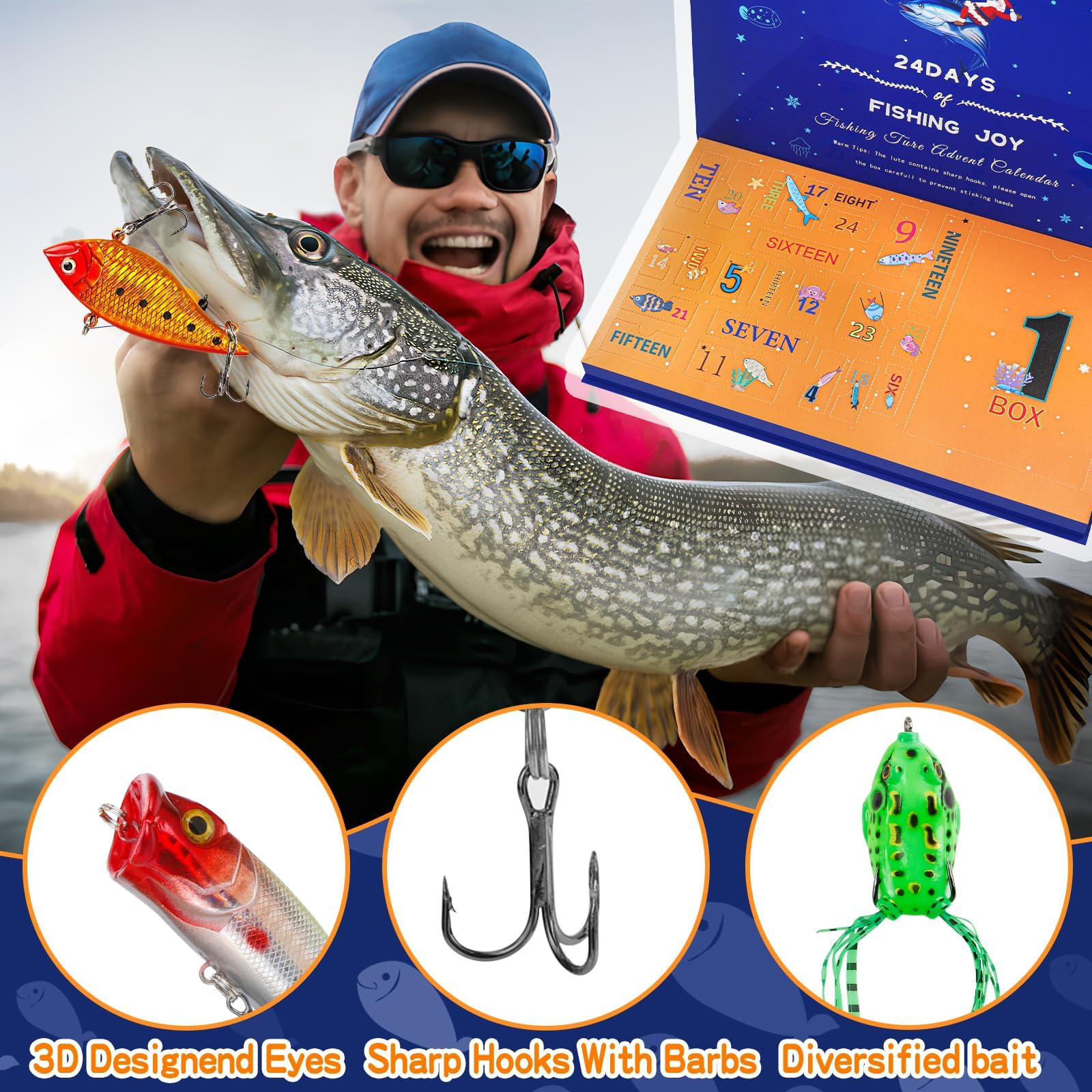 Calendario de Adviento de pesca 2024 para hombres y niños, 24 días de Navidad, señuelo de pesca con caja de aparejos, calendario de Adviento para pescador, padre, abuelo, hermano, regalos de pesca