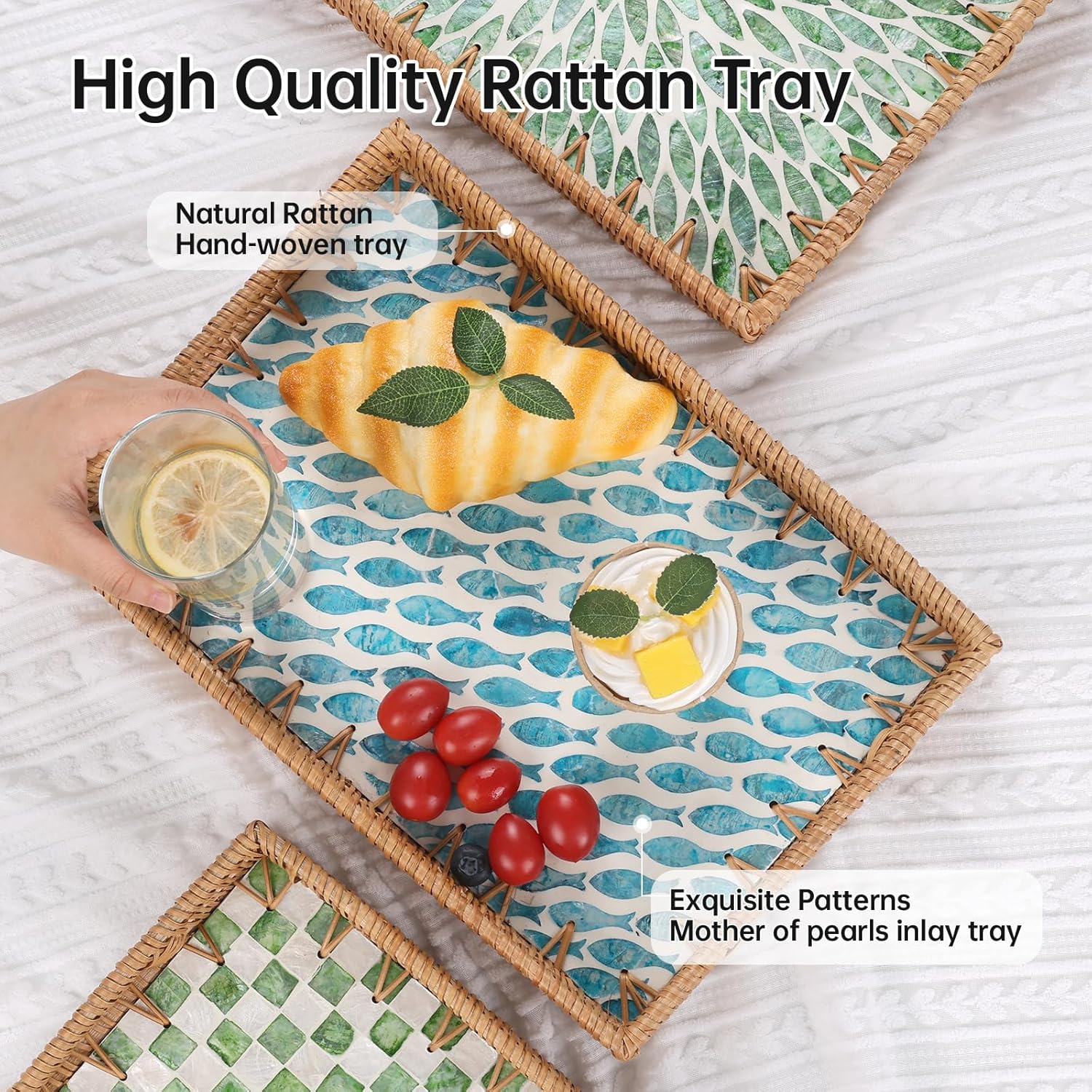 Rectangle Rattan Tray with Mother of Pearl Inlay, Rattan Serving Tray with Handle for Coffee, Bread, Fruits, Snacks, Decorative Wicker Tray for Table Decor (Rectangle Turquoise Fish, 13"×9") - Image 3