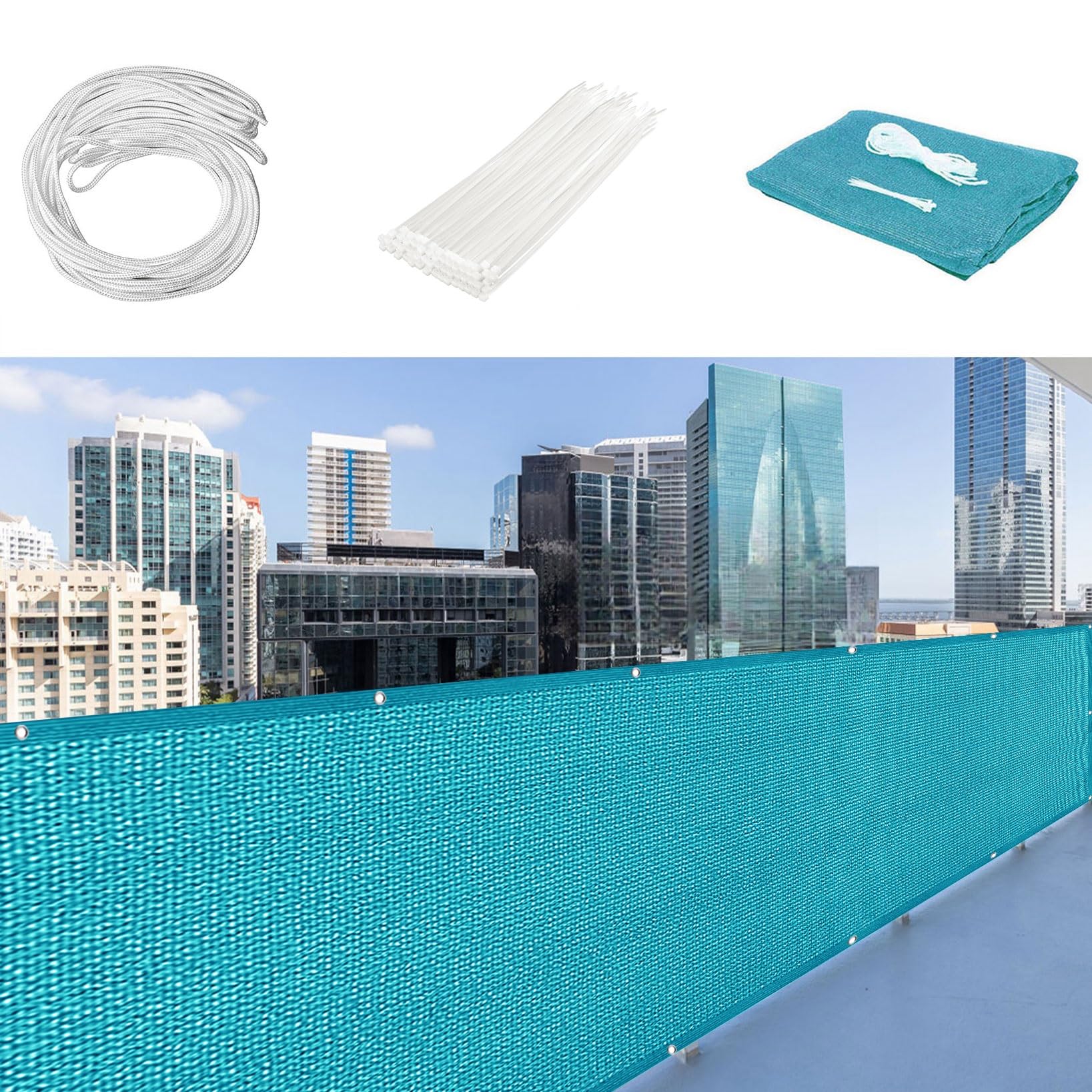 Balcony Privacy Screen 90 x 1000 cm Weatherproof UV Protection Privacy Screens Outdoor with Cable Ties, Tear-Resistant for Deck, Backyard, Patio, Balcony, Sky Blue