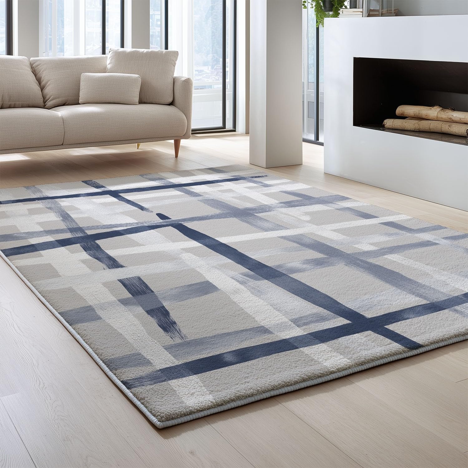 Alfombras Estampadas 120 x 180 cm, Patrón geométrico Abstracto Alfombra Antideslizantes Sombreado Cruzado cuadrícula Profundidad artística, Alfombras Lavables Despacho Pasillo, Gris Azul