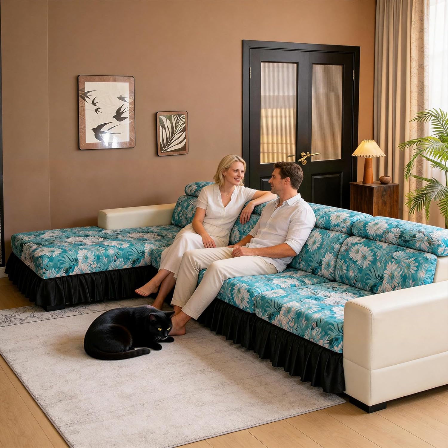 VOGOL Sectional Couch Cover Single Piece, Aqua Botanical Printed Slipcover with Ruffles, Stretch Furniture Protector for Living Room Couch, 25" x 53", 1 Piece