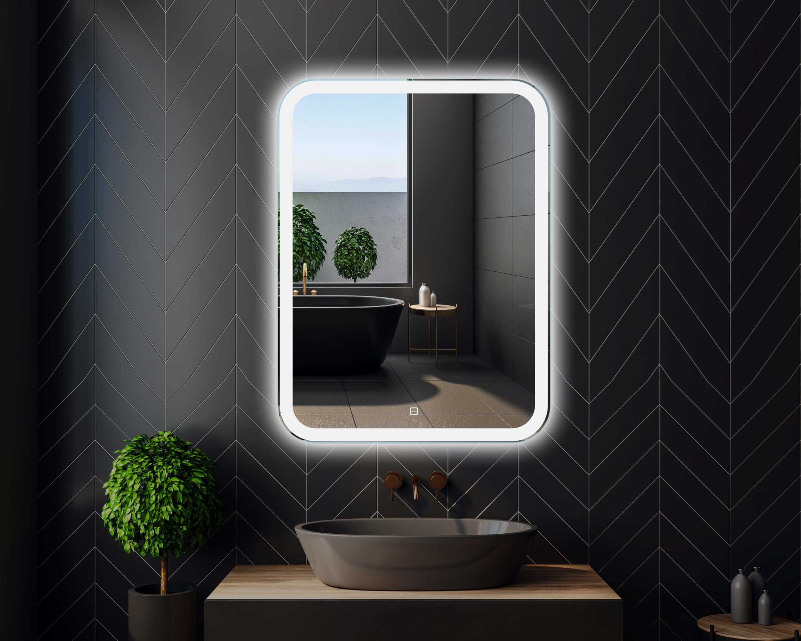 Venti 50x70cm Espejo de Baño Vertical con Luces LED, Espejo de Baño Iluminado con Interruptor Táctil, Esquinas Redondeadas, Espejo de Baño Rectangular LED con Luz LED Frontal en blanco natural.