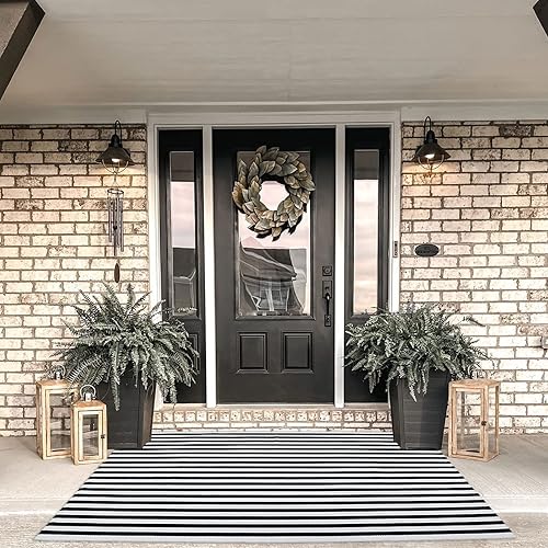 Miniatura 60 de CAINANEL Alfombra de exterior a rayas blancas y negras de 27.5 x 43 pulgadas, tapete de algodón tejido a mano para interiores y exteriores