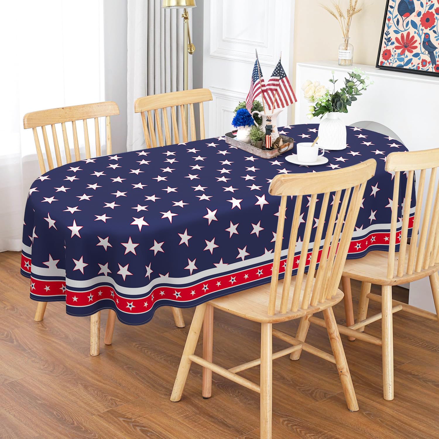 Kuyuayee 4th of July Patriotic Oval Tablecloth 60x120 Inch Waterproof Memorial Day Independence Day Tablecloth American Flag Washable Table Cloth for