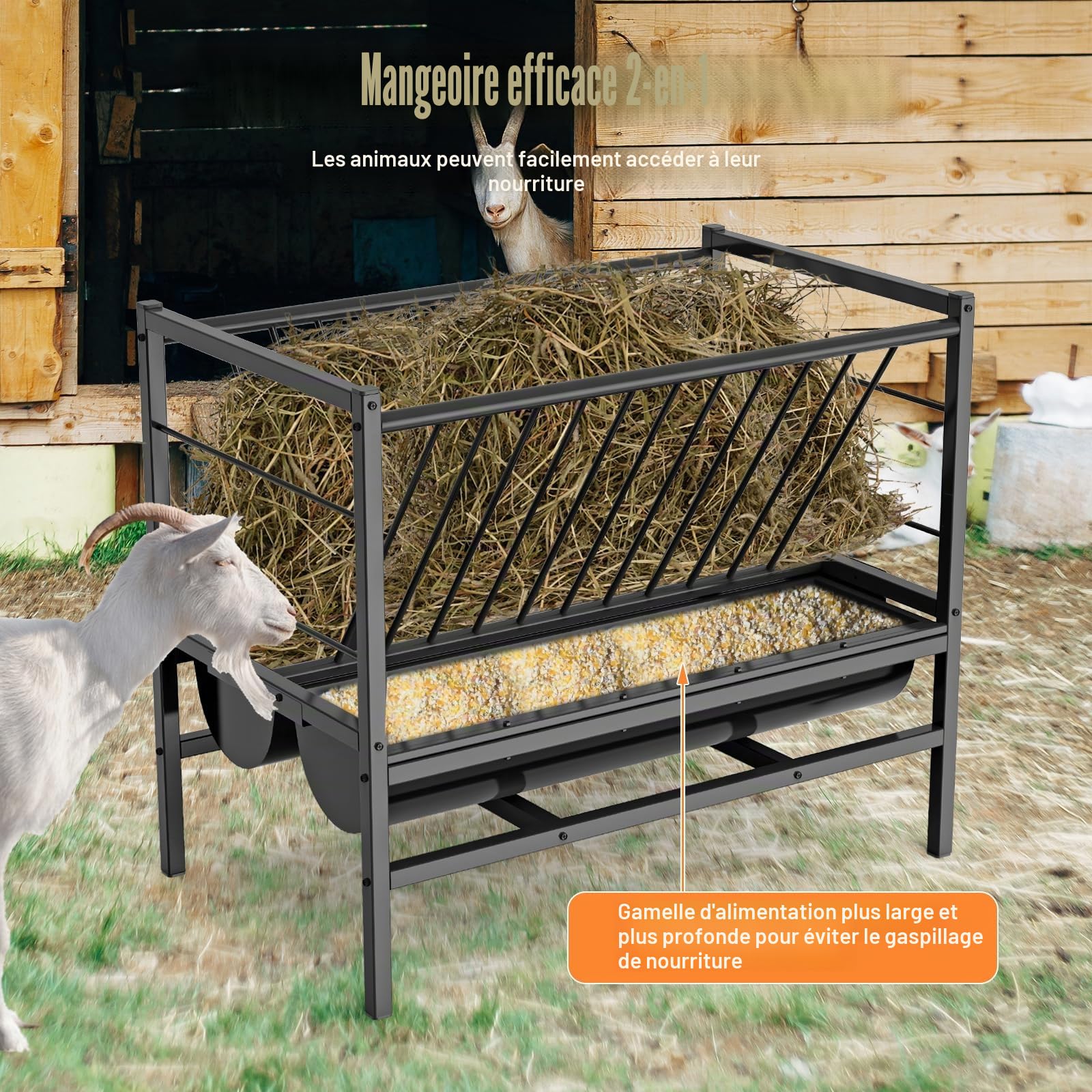 Grand RâTelier à Foin pour ChèVres 2 en 1 Mangeoire à Foin et à Grains RâTelier à Foin pour Chevaux en Acier Galvanisé pour ChèVre Moutons Cheval BœUf 107*65*90cm | Grand ramasse-foin autonome en métal robuste sans déchets pour moutons, chèvres, chevaux,