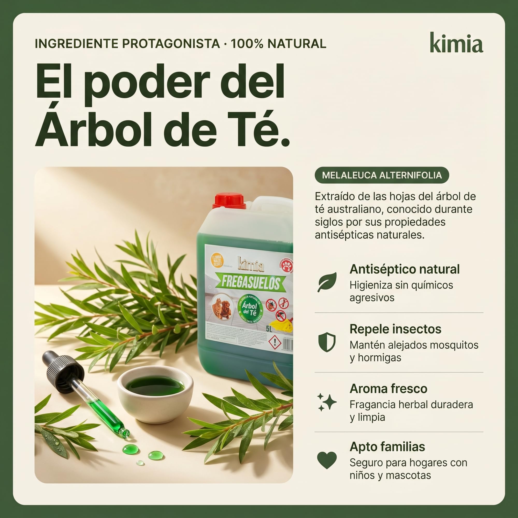 KIMIA Fregasuelos Profesional 5L Limpiasuelos Mascotas Repelente Insectos Concentrado Esencia de Árbol de Té Multisuperficie