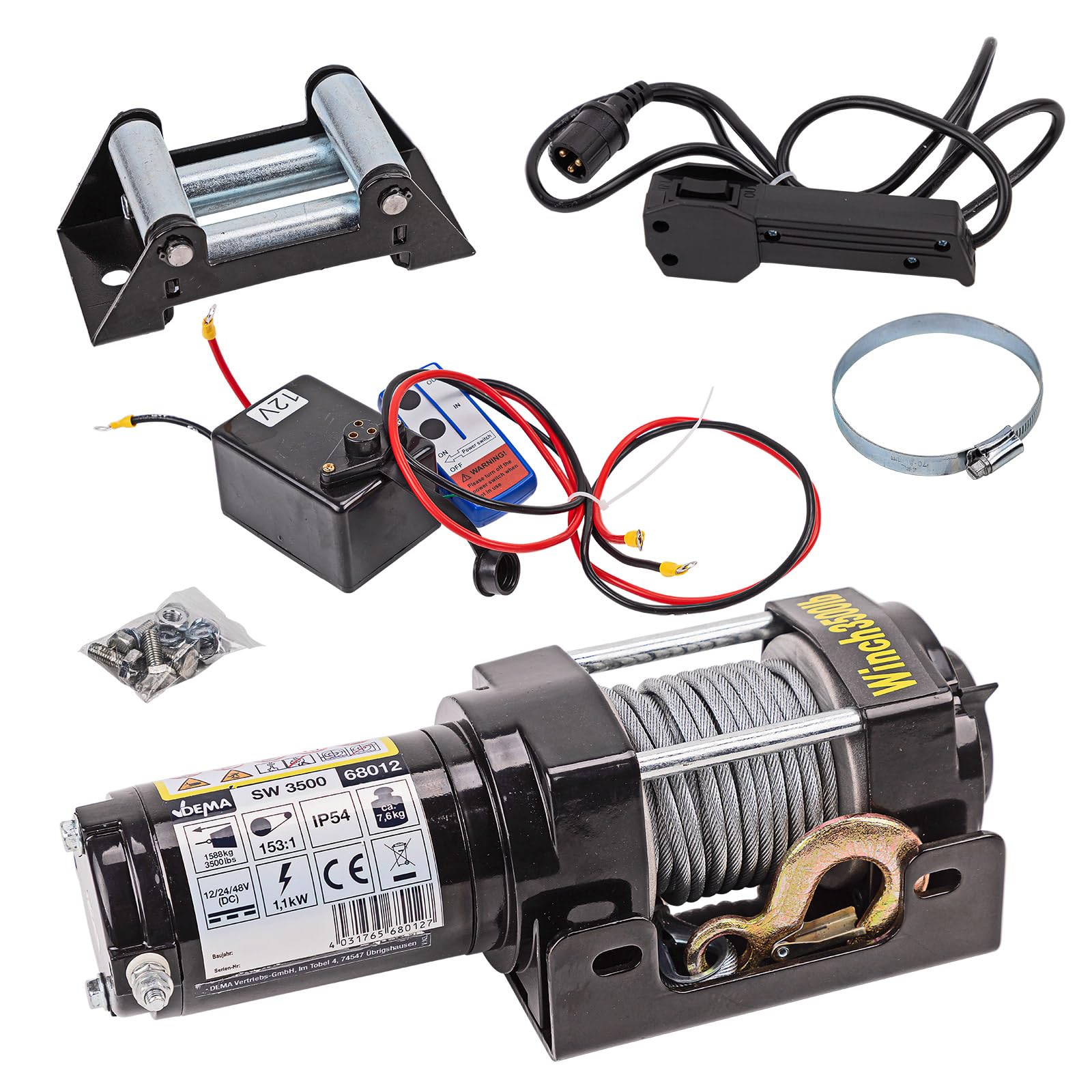 DEMA Elektrowinde 12V | Elektrische Seilwinde | Seilzug Elektroseilzug 1,6t / 3,2t Winde für Auto, Boot & mehr