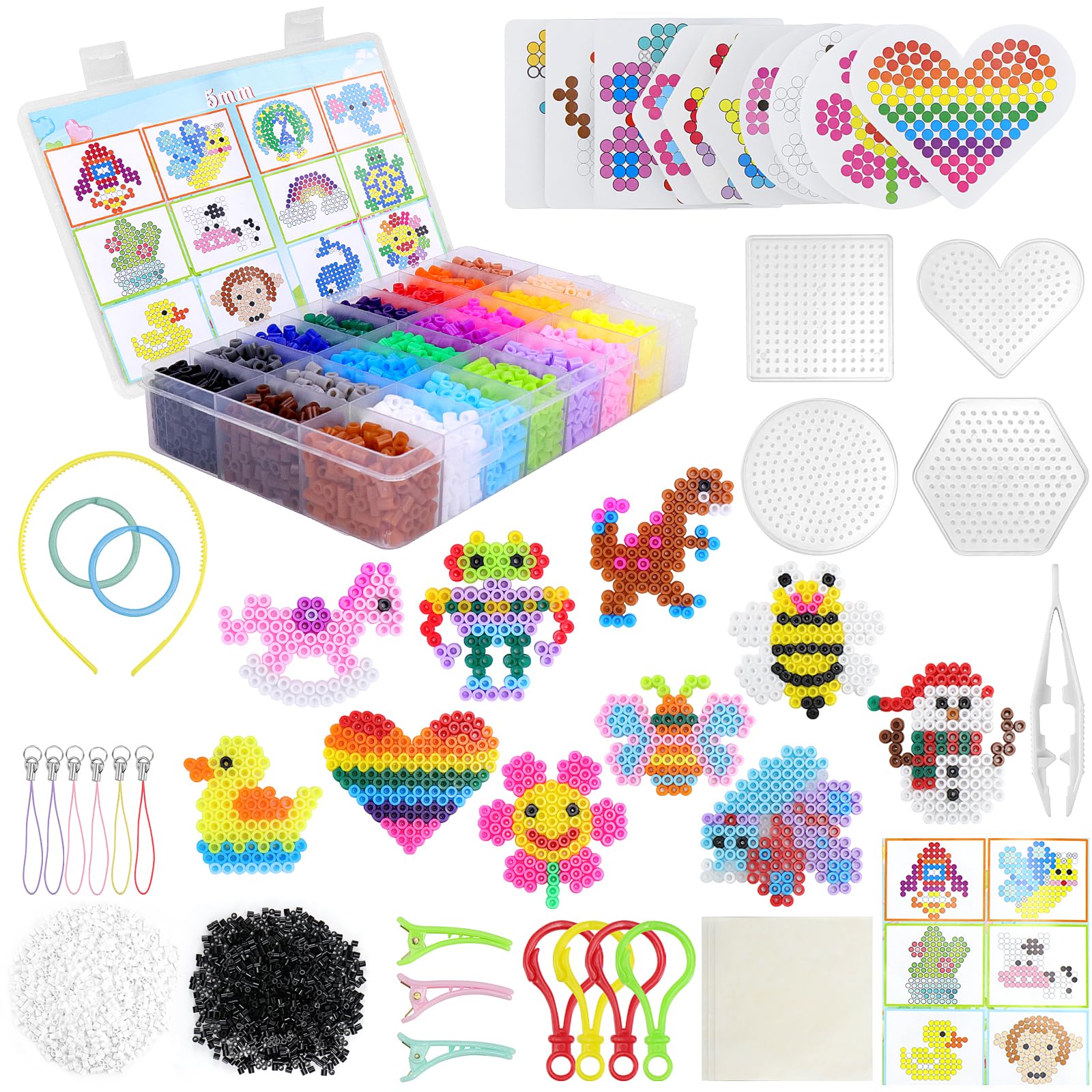 Higtok Bügelperlen Set 5mm, 24 Farben Steckperlen mit 4 Bügelperlen Platten, 6300 Bügelperlen Bastelset, Steckperlen Set für Geburtstag Weihnachten Geschenk DIY