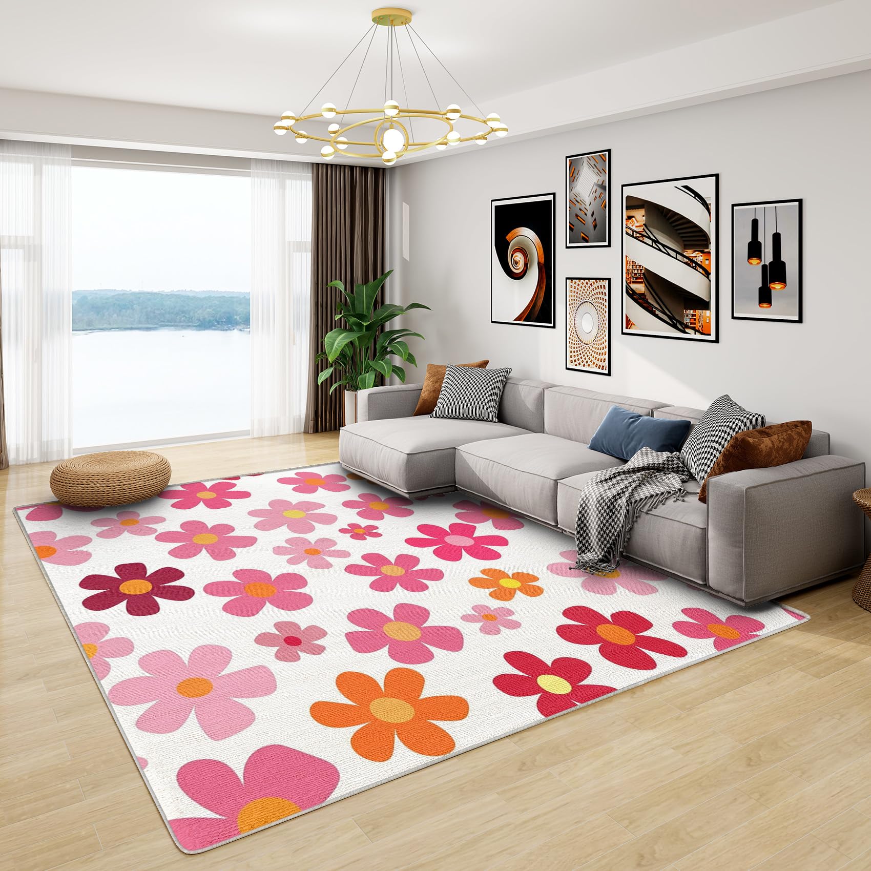 Generisch Blumen Teppich Kinderzimmer - Teppich Wohnzimmer Schlafzimmer Rosa Blumen, Kleiner Teppich Kinder Mädchen, Weich Kurzflor & Waschbar & rutschfest Fussmatte Innen, Kinderteppich 80x150 cm
