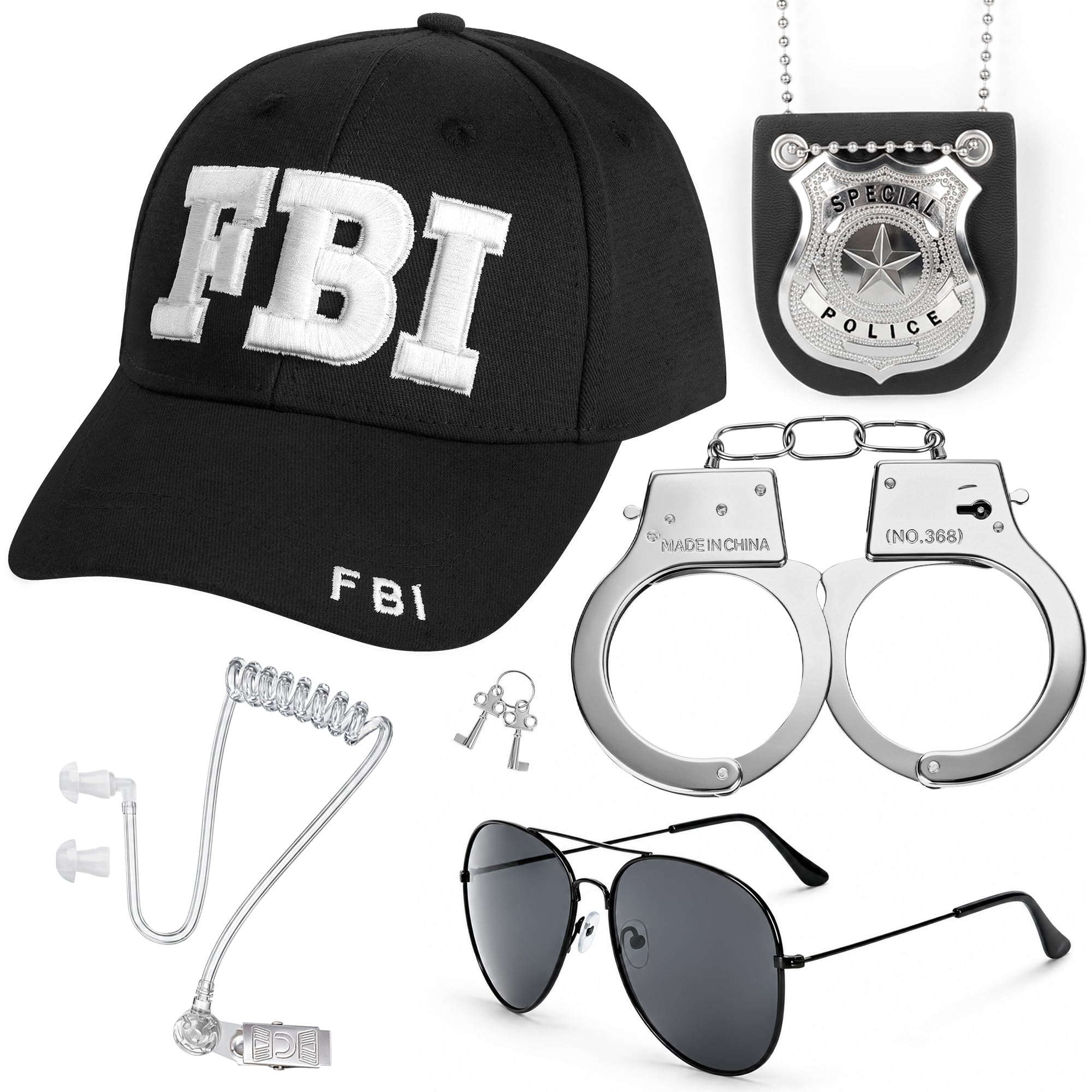 6PCS FBI Costume Cop Accessories with Adjustable Baseball Cap, Cop Badge Sunglasses Earpiece Police Set for Adult Halloween Secret Service Dress Up Men Women Cosplay Party