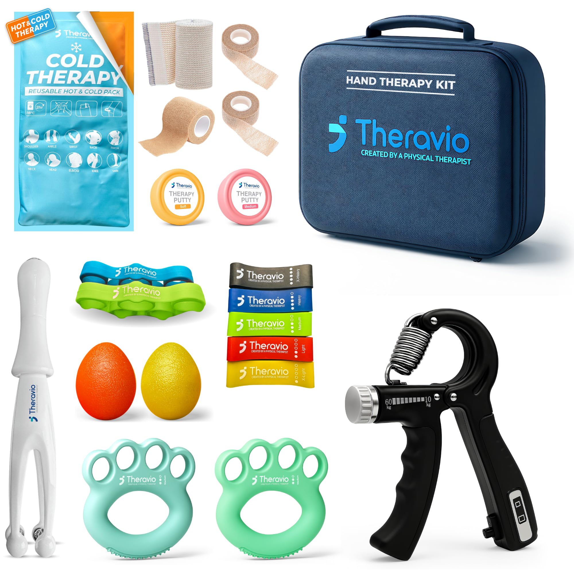 Theravio Hand Therapy Kit with Grip Strength Trainer, Finger Strengthener, Hand Exercise balls For Arthritis, Hand Exerciser For Carpal Tunnel, Hand Gripper Strengthener For Physical Therapy