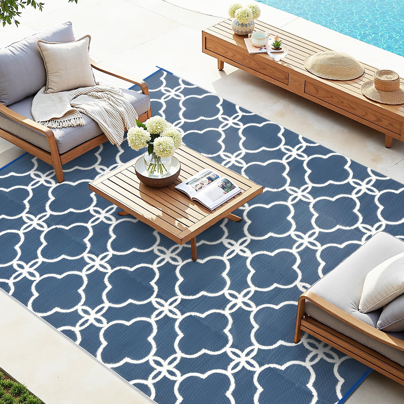 Ashler Outdoor Plastic Straw Rug Waterproof for Patio, Clearance Reversible Camping Mats, 8x10 Large Outdoor Area Rugs with Carrying Bag, for RV, Picnic, Backyard, Indoor, Dark Blue