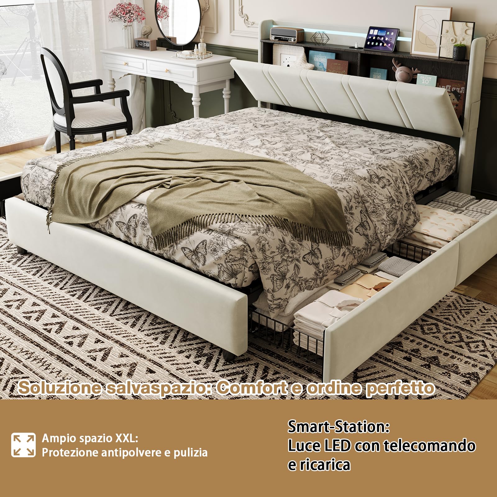 Cama de Matrimonio 160x200 cm con 4 Cajones, Cama Queen Size Tapizada con Luces LED, Puerto Type-C y Cabecero Moderno, Estructura de Cama con Somier, Beige (Sin Colchón)