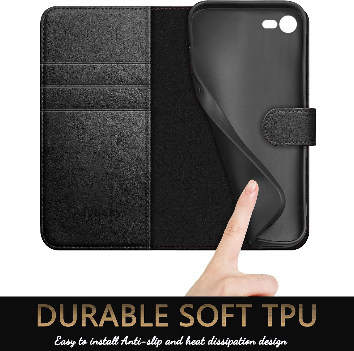 DuckSky for iPhone 7/8/SE 2020/SE 2022 Genuine Leather Wallet case【RFID Blocking】【3 Credit Card Holder】【Real Leather】 Flip Folio Book Phone case Protective Cover Women Men for Apple 7/8 case Black
