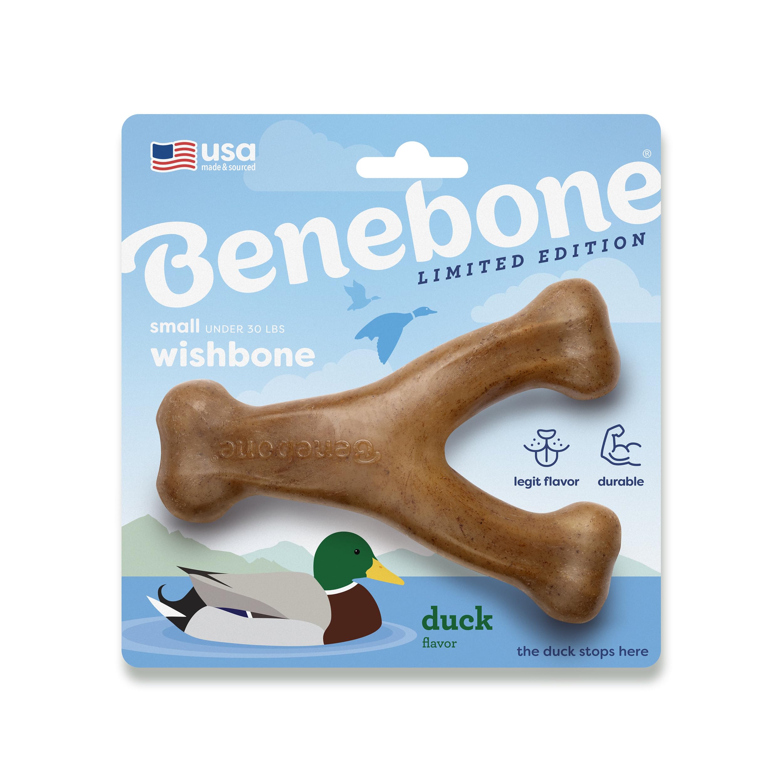 Benebone Wishbone Durable Dog Chew Toy for Aggressive Chewers Duck, Made in USA, Small, Brown