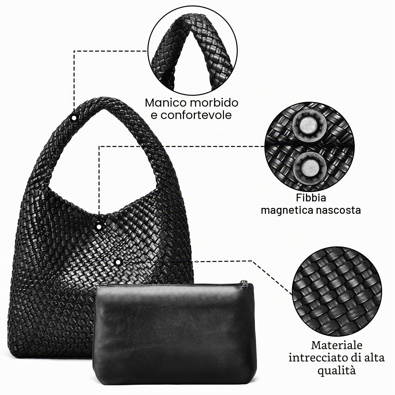 Oscaurt Borsa Tote da Donna in Pelle Intrecciata con Tracolla e Manico Superiore - Borsa per la Spesa con Sacchetto