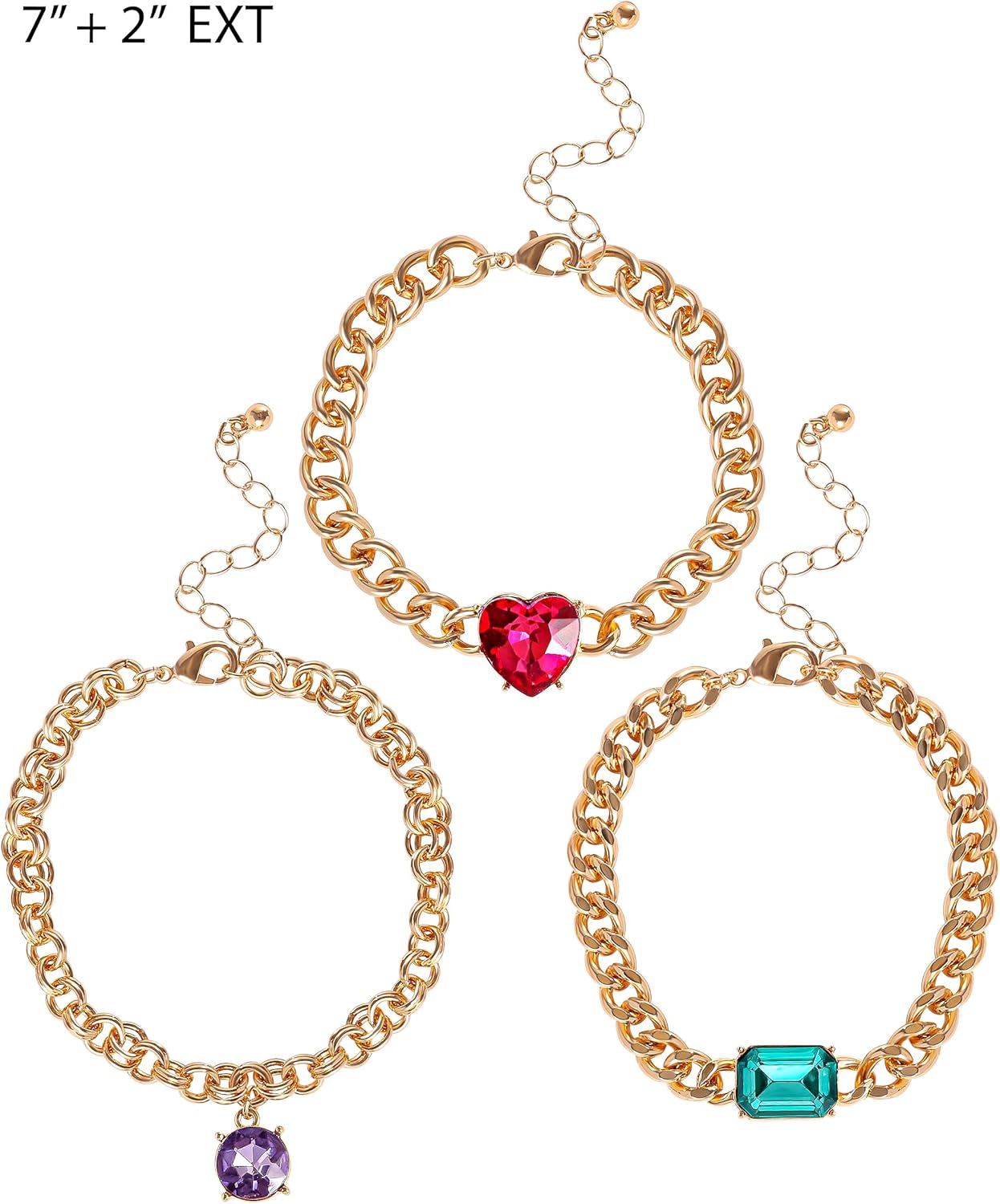 Jessica Simpson Gemstone Charm Chain Bracelet for Women 3-Piece, 7"+2" Chunky Charm Bracelets Gold-Tone with Gems - Image 6