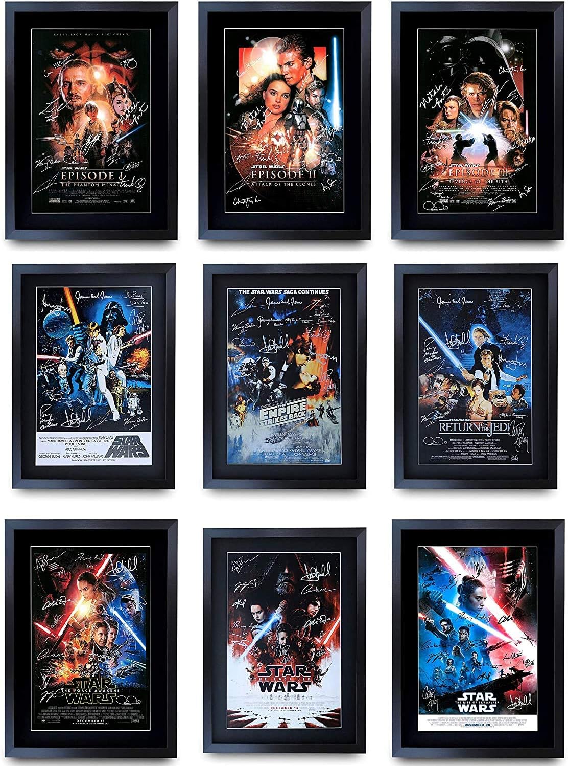 HWC Trading A3 FR Star Wars Complete Saga Movie Poster Collection Cast Signed Gift Framed Printed Ford Hamill Fisher Portman Ridley McGregor Gifts Print Photo Picture Display
