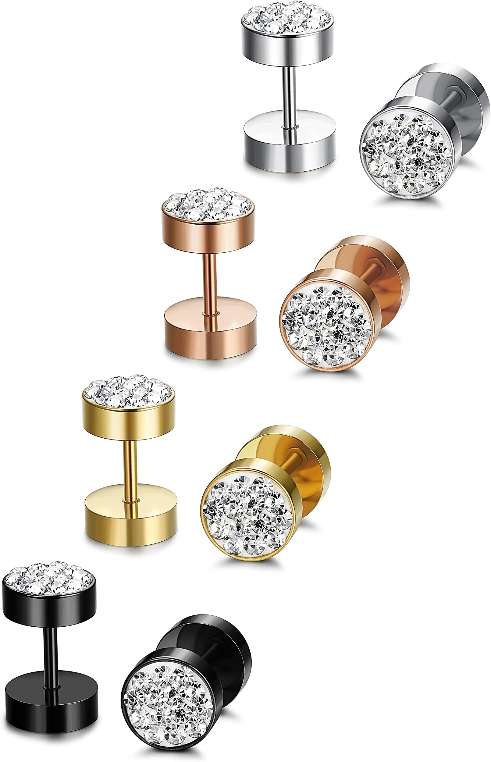 JOERICA 16G 3-4 Pairs Stainless Steel Stud Earrings for Men Women Ear Piercing CZ Earrings