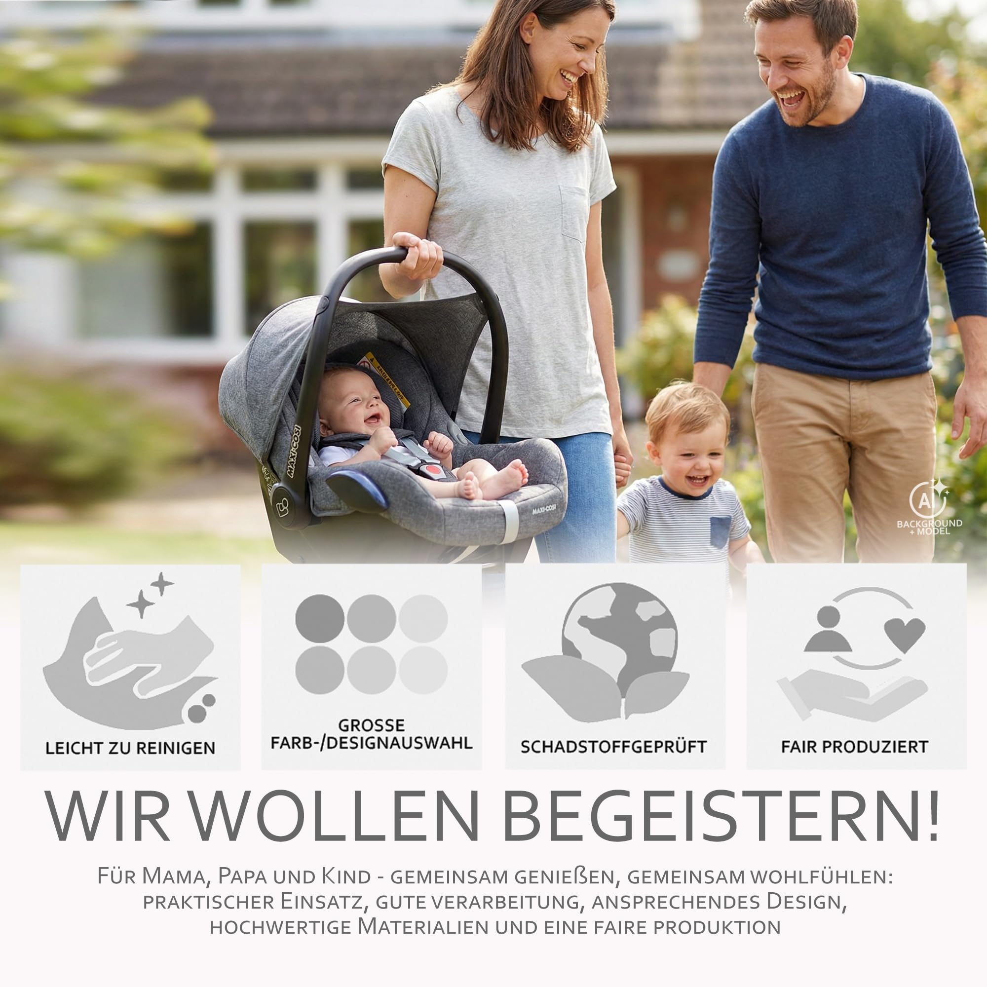 Ersatzbezug Babyschale kompatibel mit Maxi-Cosi Cabrio Fix grau/beige | 6-tlg Komplett-Set, inkl. Sitzbezug, Gurtpolster, Sonnenverdeck & Kopfstütze, gepolstert