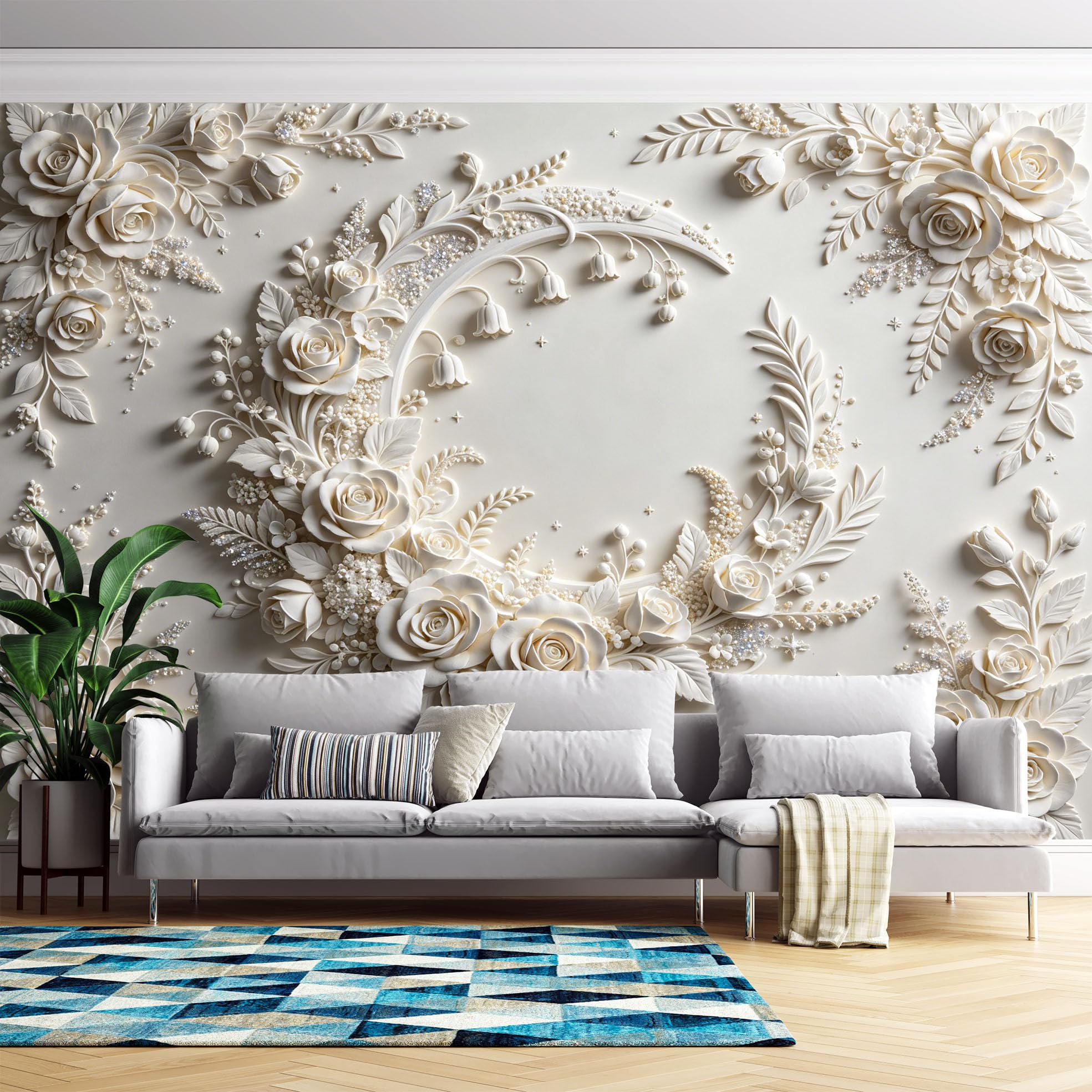 Papier peint floral lune blanche 3D intissé amovible panoramique 290x480cm