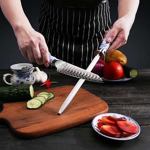 Miniatura 5 de WILDMOK Varilla de afilar cuchillos de acero de alto carbono de 8 pulgadas con mango ergonómico de resina, acero de afilado profesional para