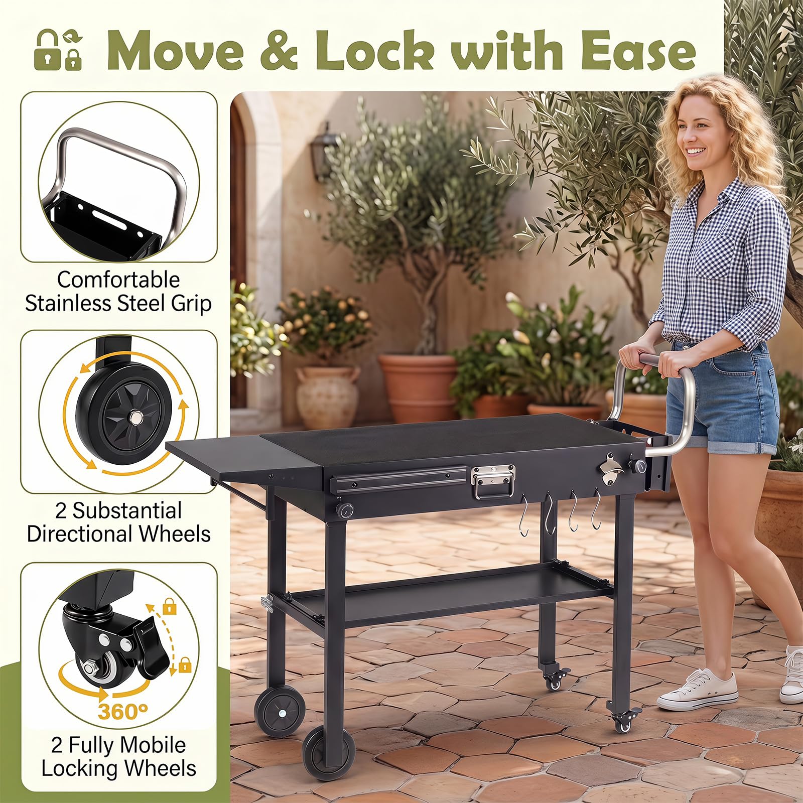 KOMFOTTEU Carrello Barbecue Portatile con 4 Ruote e Portautensili Magnetico | Carrello Cucina da Giardino con Ripiano Portaoggetti, Portaspezie, Apribottiglie e Ganci, 118x43x88 cm