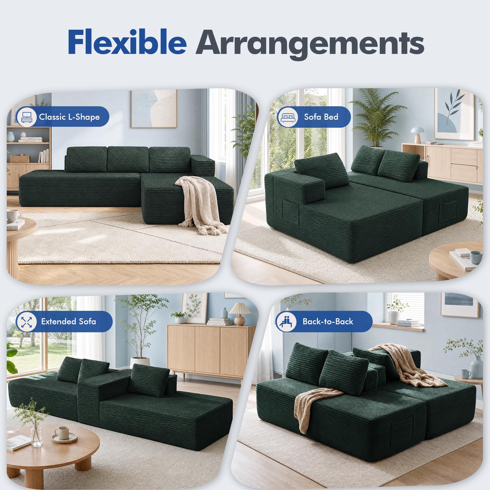 COMHOMA Divano angolare con funzione letto, 255 cm, in velluto a coste, modulare, con chaise longue e schienale in metallo, divano letto a forma di L con design aperto, cuscino e tasche laterali, per