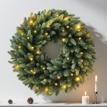 24 Inch Artificial Pre-Lit Christmas Wreath Spruce, 50 LED Warm White & Multi-Color Lights with Timer, Battery Operated, Holiday Decoration for Front Door, Outdoor