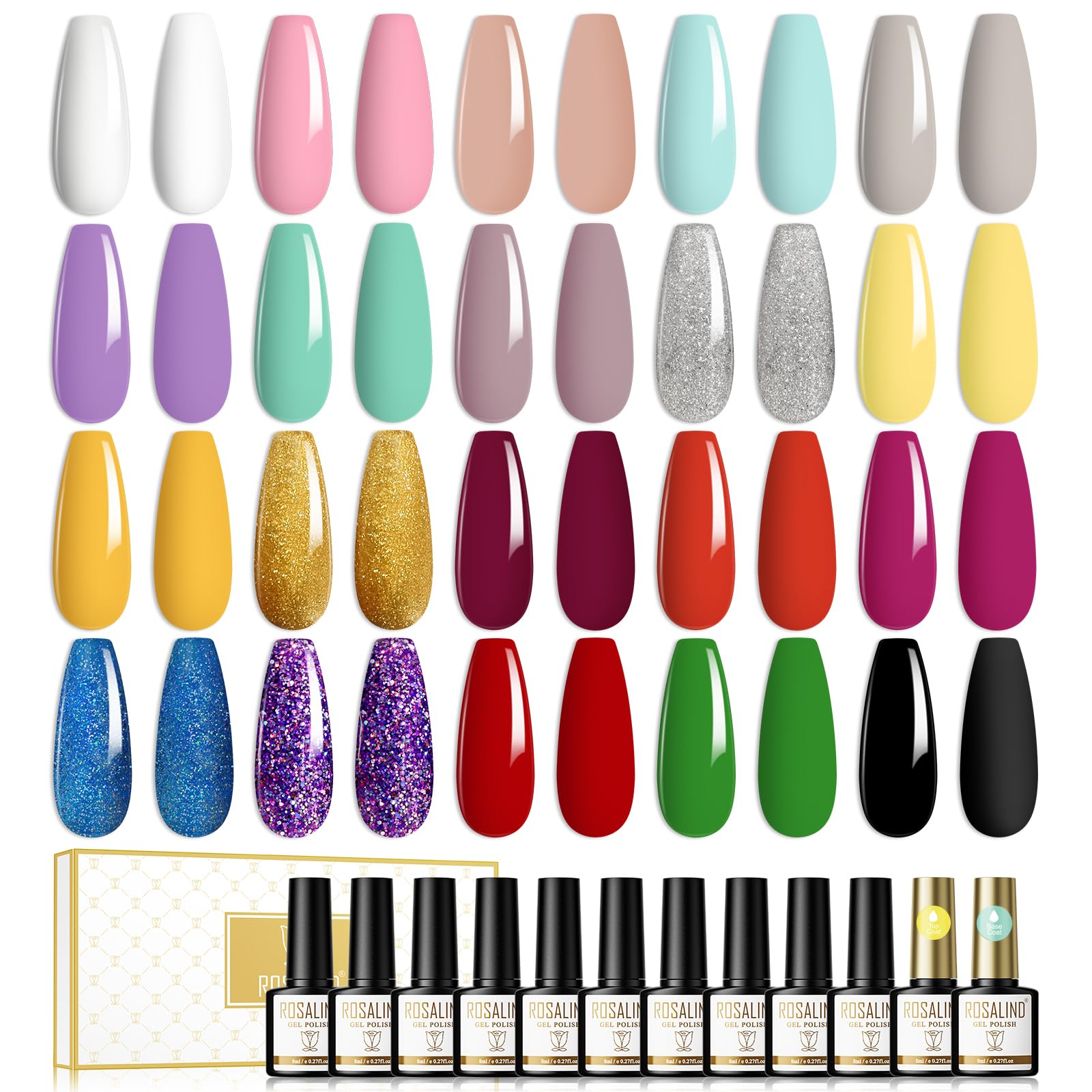 ROSALIND Esmalte Semipermanente 22psc Con Base e Top Coat Brillante, Semipermanente Para Uñas 20 Colores 8ml UV LED Pintauñas Gel Nail Polish Kit de diseño Nail Art