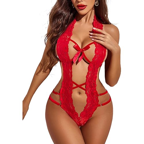 Avidlove Women Deep V Halter Lingerie Teddy One Piece Bodysuit Lace Babydoll
