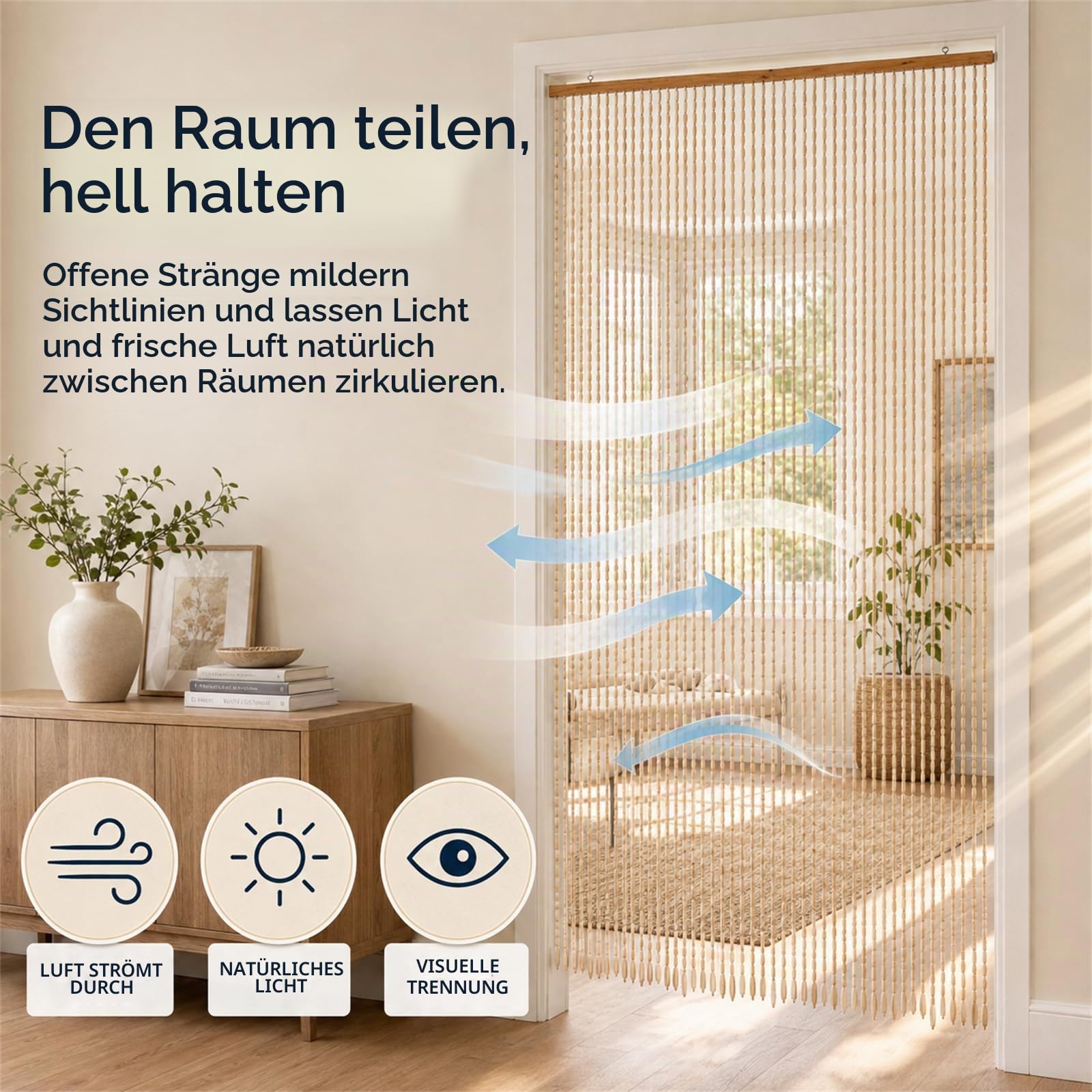 Bambus Perlenvorhang Türvorhang 52 Stränge Retro Holzperlenvorhang Natur Perlenvorhang Fadenvorhang Insektenschutz Fliegenschutz 90x200cm