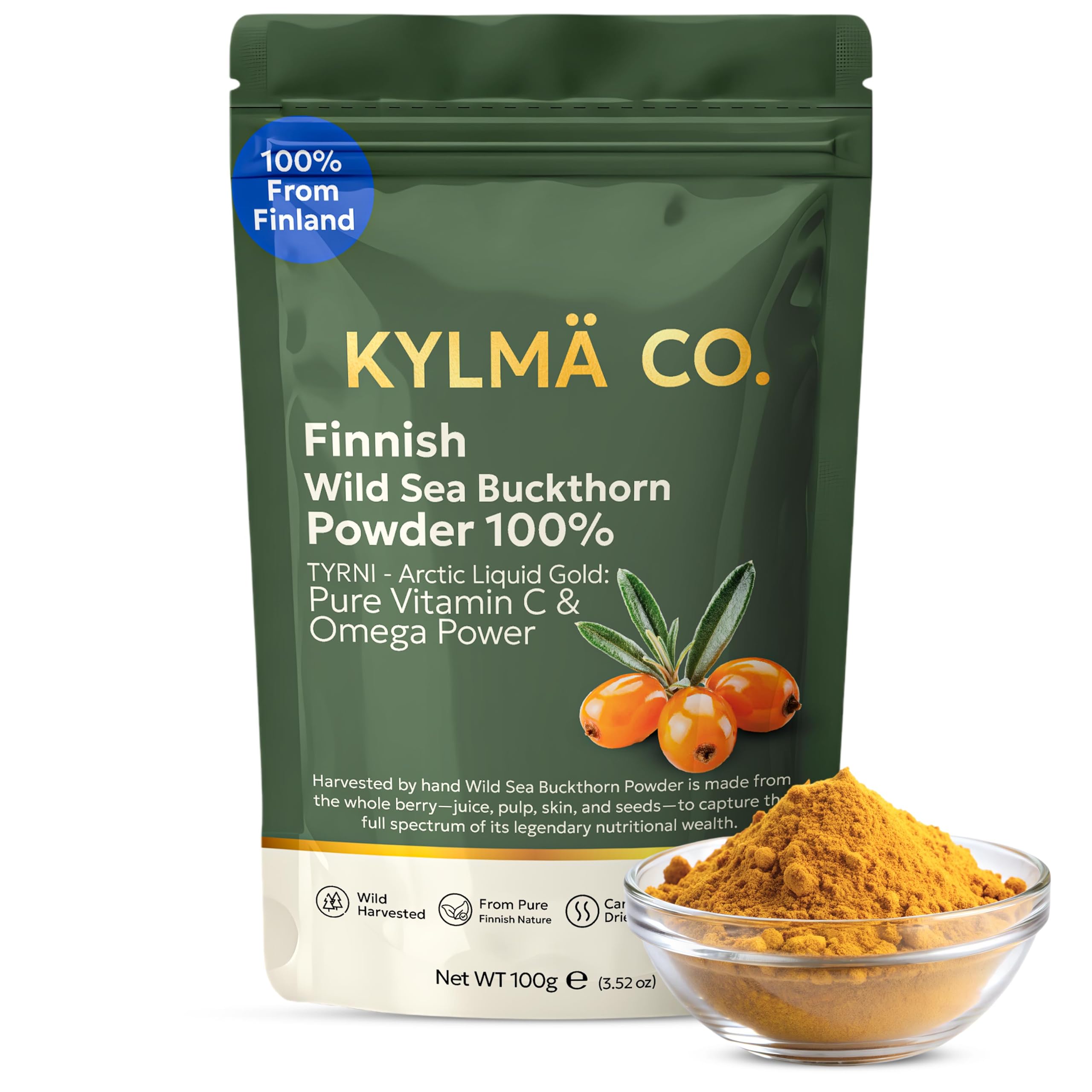 Kylmä Co. Olivello Spinoso Selvatico in Polvere 3 x 100 G Confezione Convenienza | 100% Olivello Spinoso (Hippophaë rhamnoides) Dalla Finlandia | Essiccato all'aria | Vegano | Senza Glutine