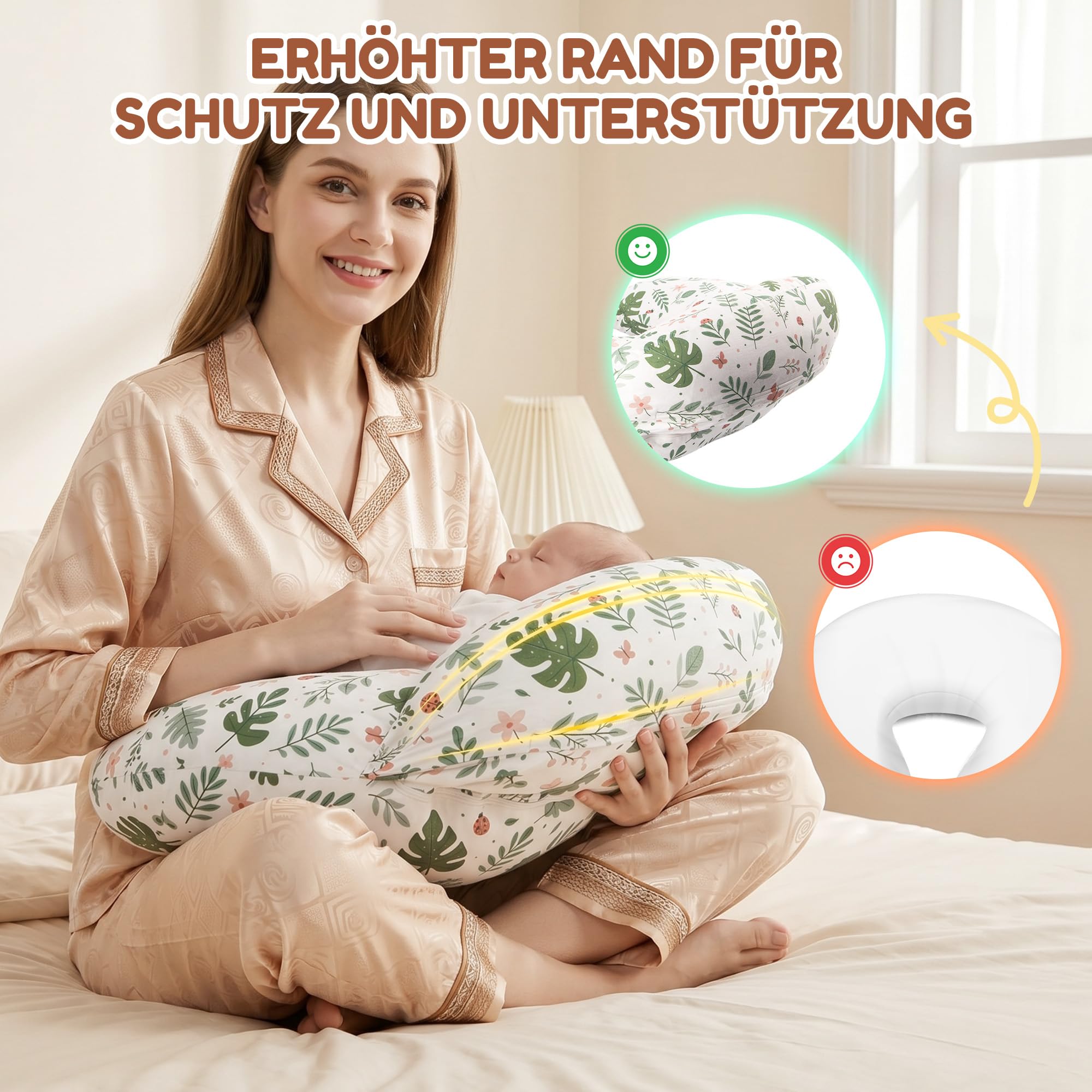 Ergonomisches Stillkissen mit erhöhtem Schutzrand, Stillkissen mit abnehmbarem und waschbarem Bezug, Verstellbarer Hüftgurt, Für Verschiedene Körpergrößen und -Formen, Dunkelgrün