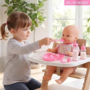 BiBi Doll 6 Pc Baby Doll Feeding Set with 2 Magic Milk Bottles, Pink Plate, Dummy & Utensils - Pretend Play Toy Accessories & Playset for Kids, Boys & Girls, Ages 3+