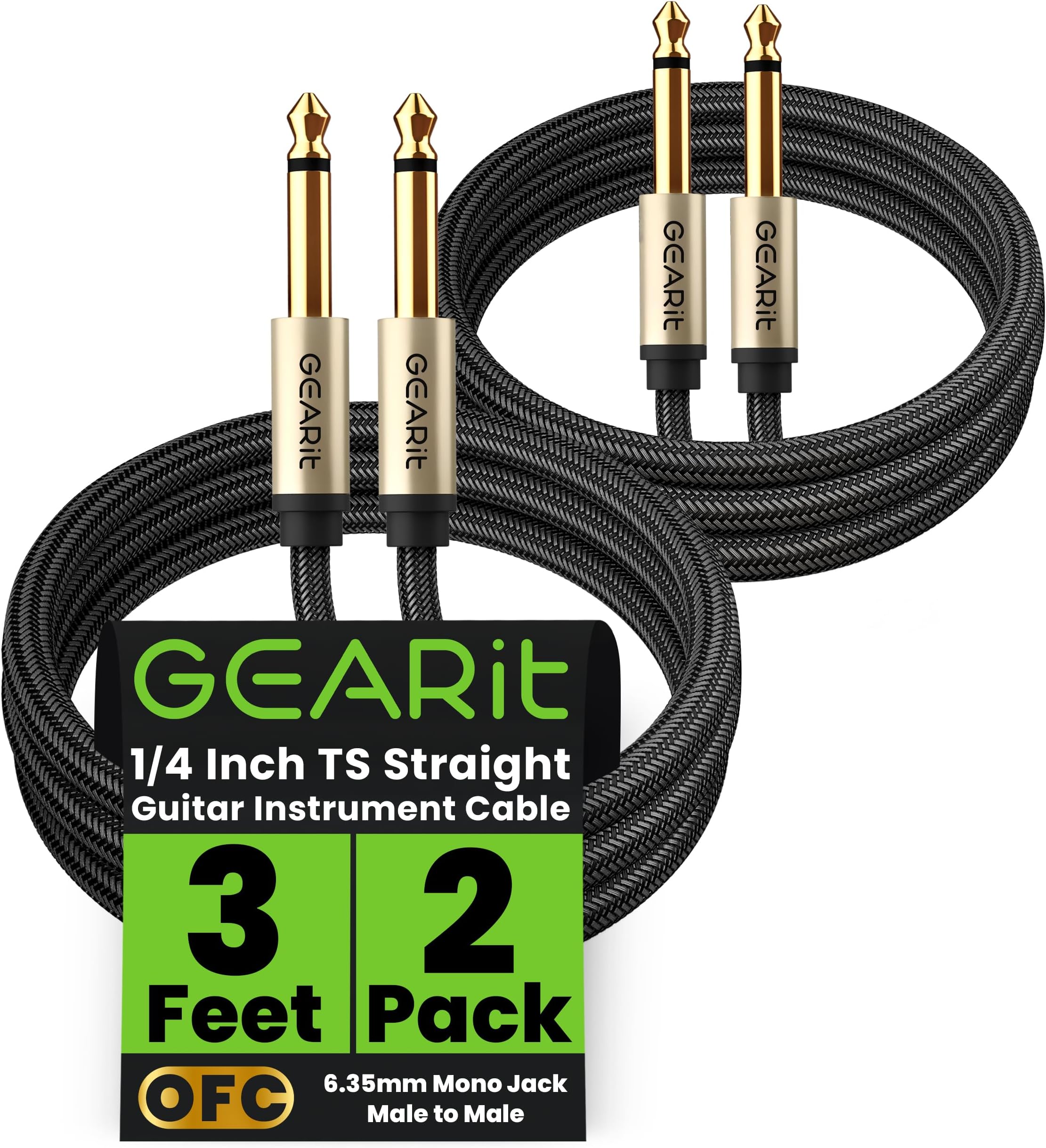 GEARit Guitar Instrument Cable (3ft 2-Pack) 1/4 Inch to 1/4 inch TS Straight Male to Male 6.35mm Mono Jack with Alloy Connector and Nylon Braid