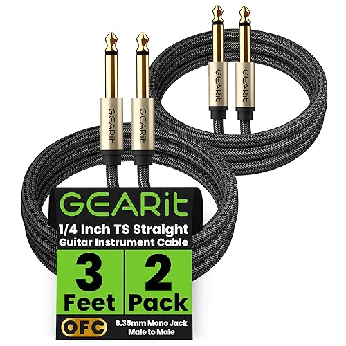GEARit Cable de instrumento de guitarra (3 pies paquete de 2) de 14 de pulgada a 14 de pulgada TS recto macho a macho de 0.250 in mono Jack con