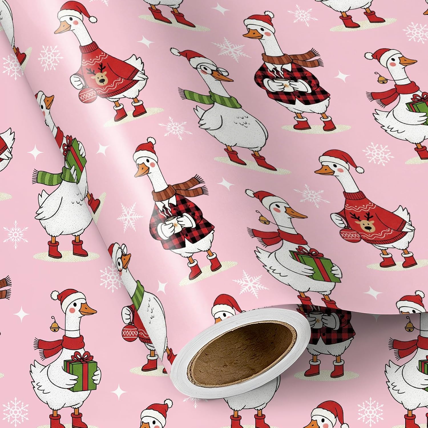 RUSPEPA Christmas Goose Wrapping Paper Roll, Mini Roll, Funny Santa Goose with Santa Hat, Sweater & Gift Design, Pink Gift Wrap for Kids, Girls, Family, Holiday, Christmas, 17 Inches x 16.4 Feet