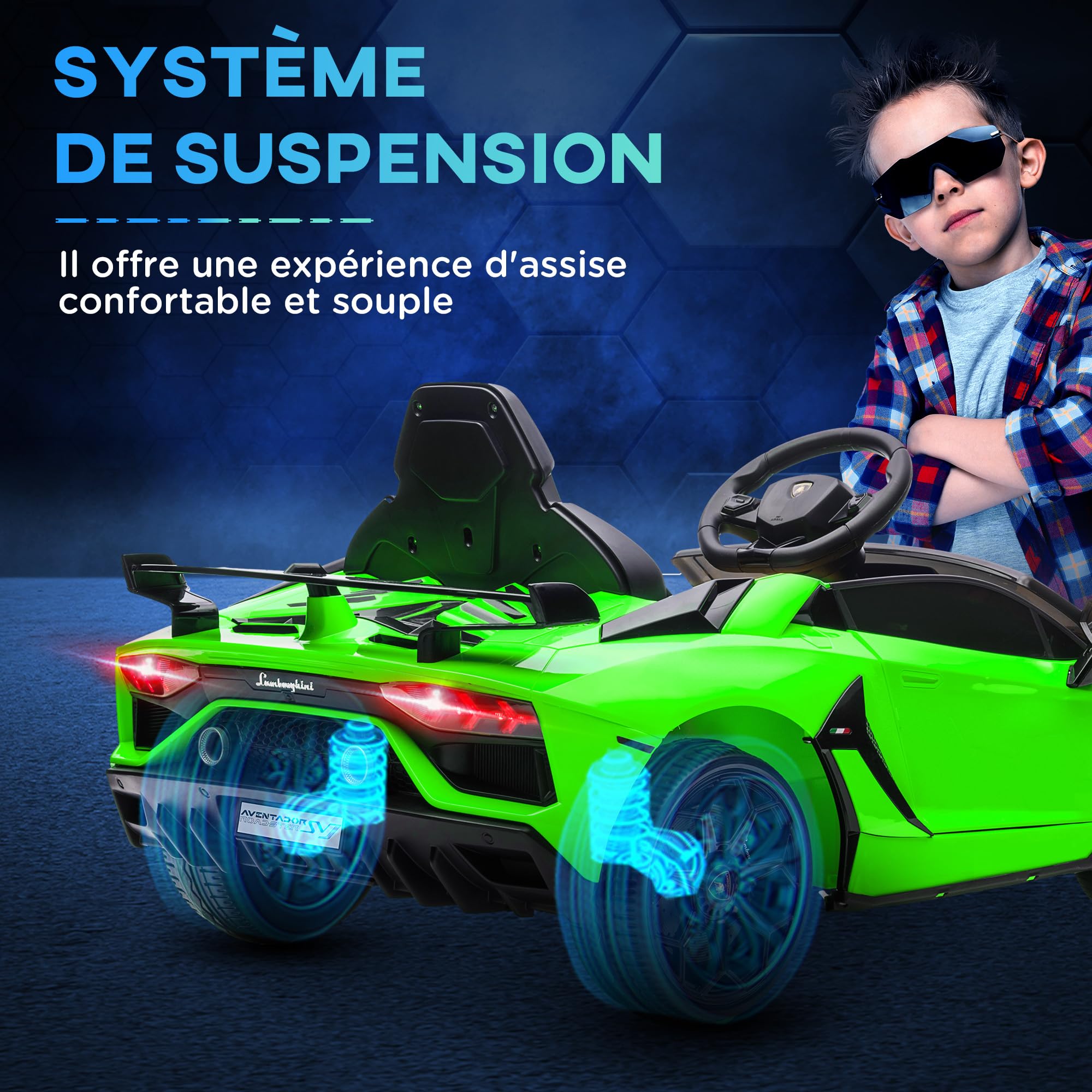 HOMCOM Voiture Électrique pour Enfants 12V, Portes Papillon, USB, Vert | Licence Lamborghini Aventador SVJ, Télécommande LED, Musique, Vitesse 3-5 Km/H