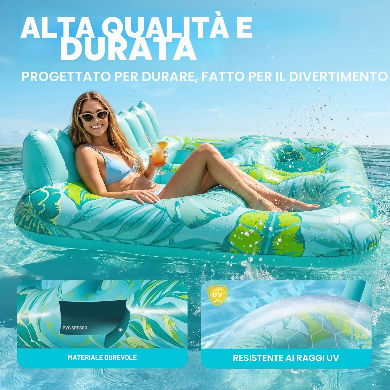 SOLAVERO Materassino Gonfiabile Piscina, 180 × 156 cm Lettino Gonfiabile Piscina 2 Posti con Portabevande e Poggiatesta, Materassino Abbronzante per Spiaggia e Acqua Festa