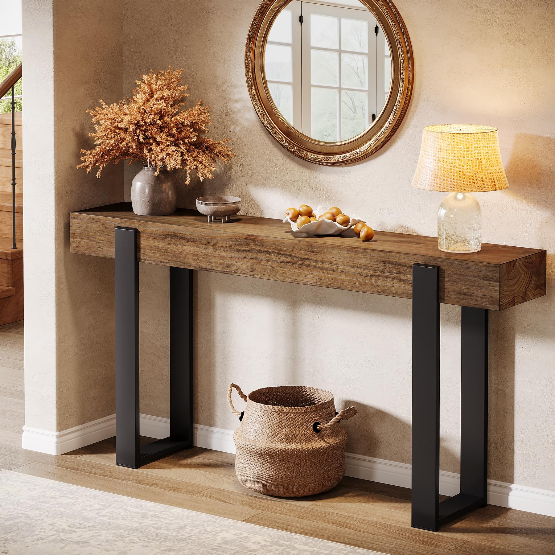 Tribesigns Konsolentisch Massivholz, 160 cm, mit Metallgestell, ideal für die Couch, Eingangsbereich, Flur im Landhausstil, rustikales Braun & Schwarz