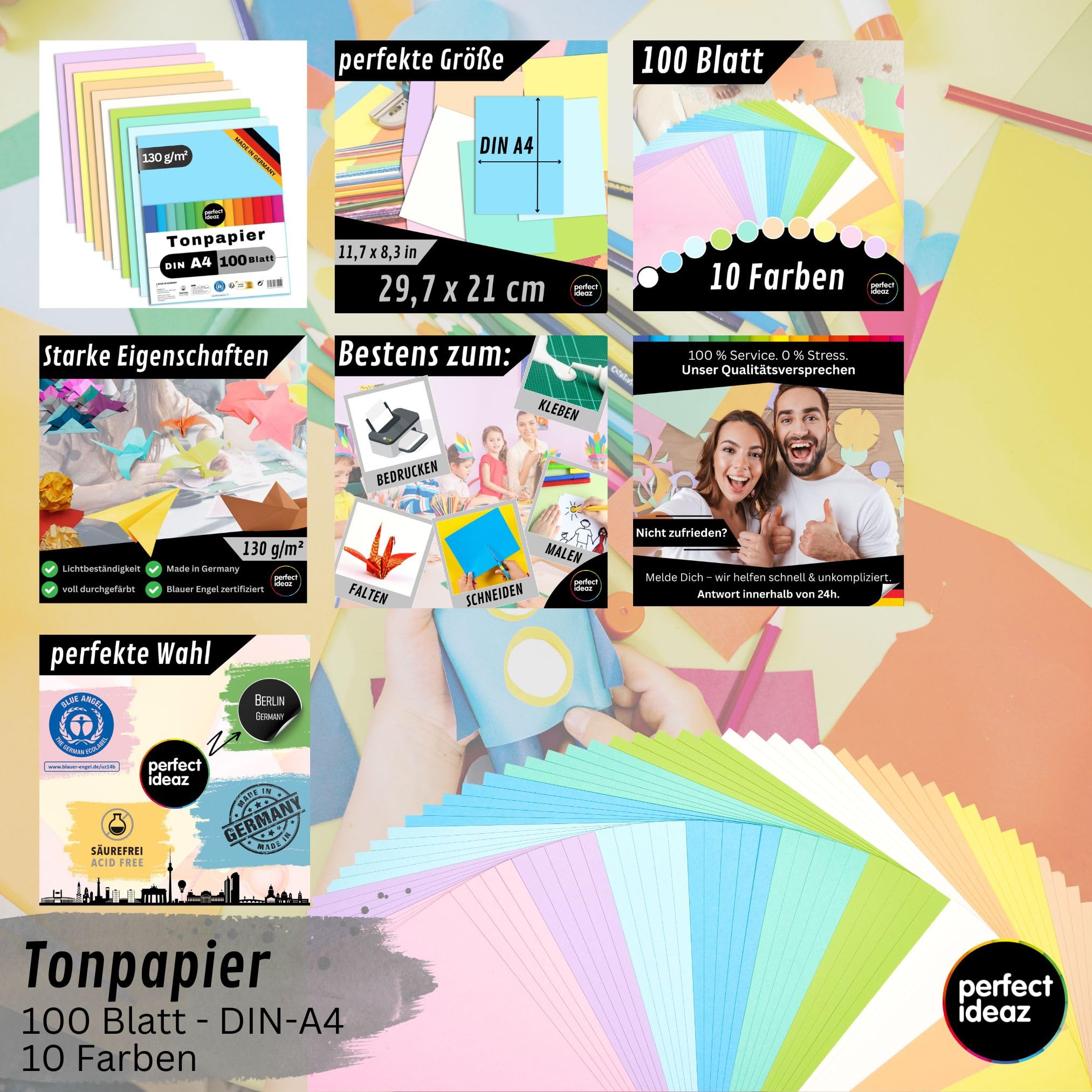 Perfect Ideaz 100 fogli carta colorata DIN-A4 pastello 130 g/m² 10 colori cartoncino bricolage