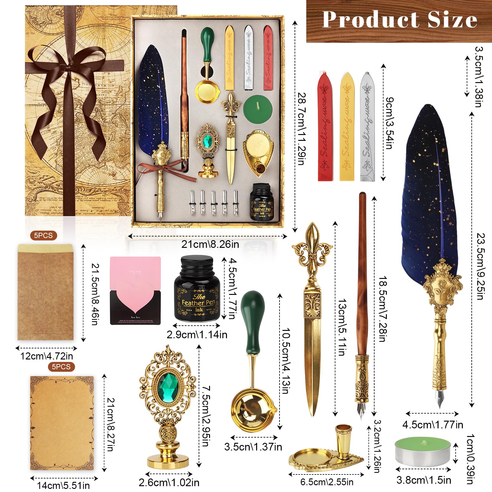 Set Inchiostro Penna Piuma,Penna a Immersione,Penna Calligrafica con Penna D'oca e Pennas di Legno,5 Pennini Ricambio,Portapenne,Timbro Sigillo,Inchiostro,Set di Scrittura per Idee Regalo