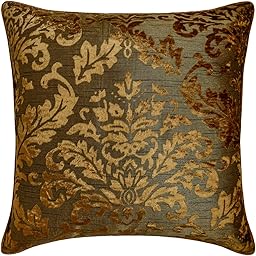 The HomeCentric Decorative Olive Green Pack of 2, 35x35 cm (14"x14") Cushion Covers, Velvet Burnout Velvet Cushion Covers, Damask Pattern Modern Style - Folding Flames