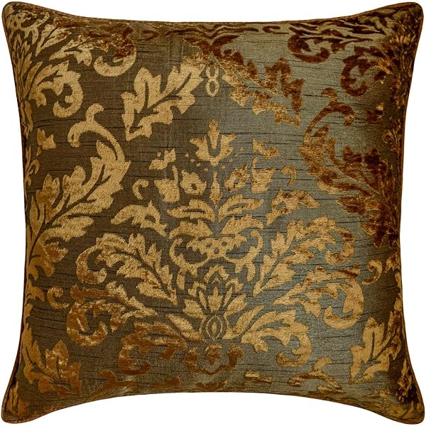 The HomeCentric Decorative Olive Green Pack of 2, 35x35 cm (14"x14") Cushion Covers, Velvet Burnout Velvet Cushion Covers, Damask Pattern Modern Style - Folding Flames - 1