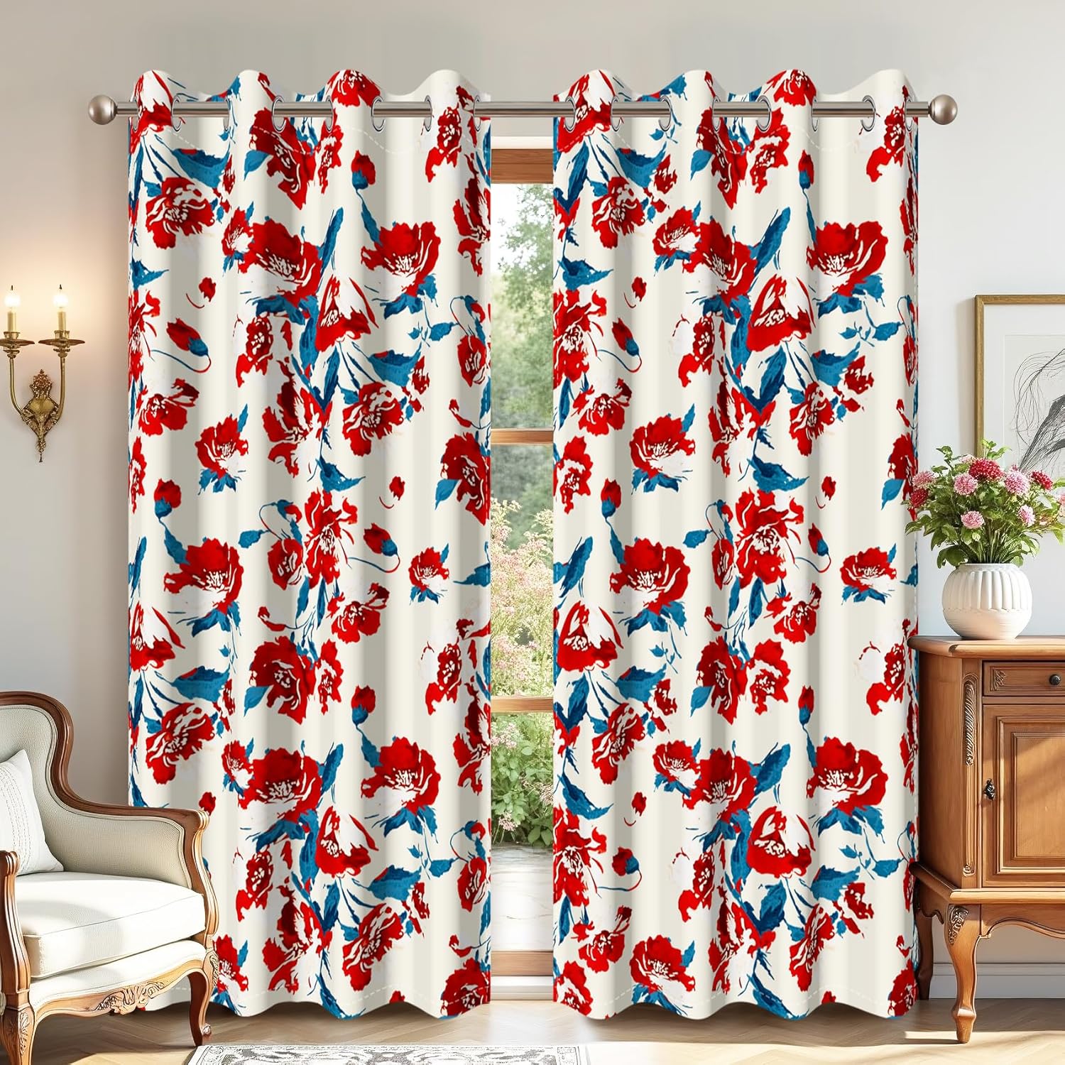 AWERT Floral Printed Window Curtains 63 Inches Long 2 Panels Red Flowers Blue Leaves Pattern Spring Romantic Blackout Drapes for Women Bedroom Living Room Each Size 42x63 Inches