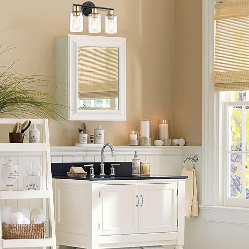 Miniatura 7 de Lámpara de tocador de 3 luces negra y dorada sobre el espejo, lámparas de pared de baño con pantalla de vidrio transparente que incluye base mediana