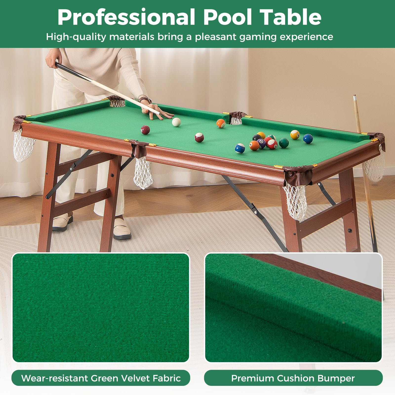 FANTASK Billiard Tisch, Tischbillard Klappbar mit 2 Queues, 2 Kreiden, 16 Bällen, Dreieck & Bürste, Pool-Billardtische für Zuhause, Bar, Billardtisch für Kinder & Erwachsene, 138 x 67 x 79,5 cm