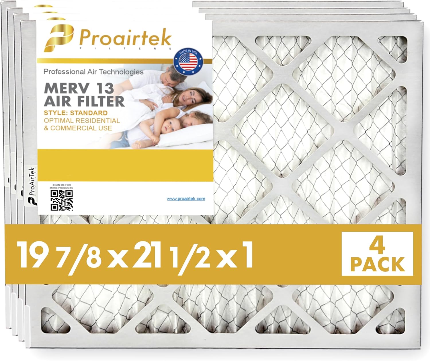 Proairtek AF19S21H1M13SWH Model Standard 19 7/8" x 21 1/2" x 1" Pack of 4 Air Filters, MERV 13; Ideal for Anyone Wanting Crisp Air in Their Home