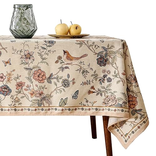 ISAENNE Designer French Light Beige Tablecloth Rectangular,Linen Florals and Birds Pattern Table Cloth,Anti-Wrinkle Decorative Tablecloths for Dining Thanksgiving Kitchen,55"*87"-Cornucopia